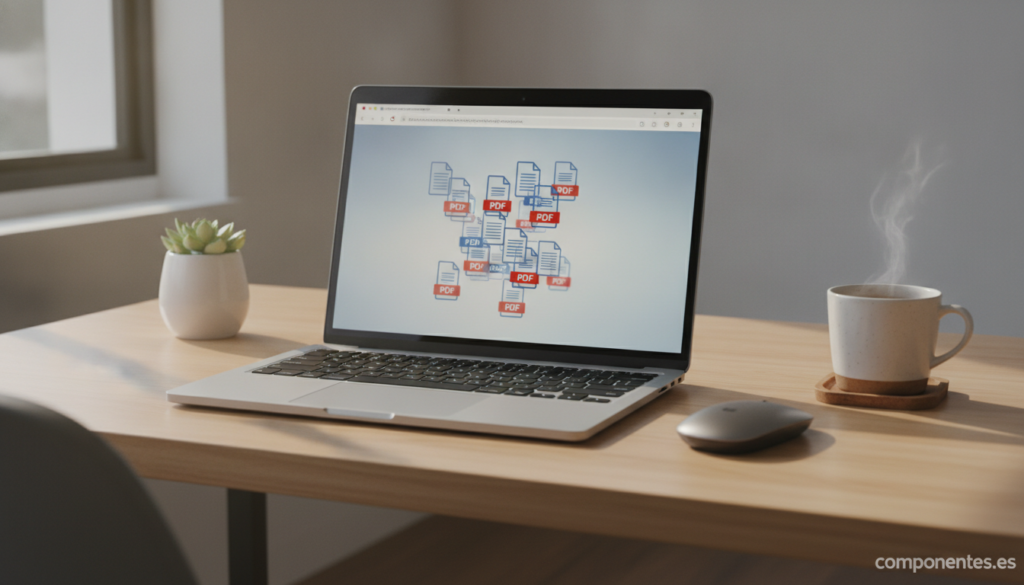A clean desk with a laptop showing a web browser open, with several PDF document icons visually merging into one on the sc...