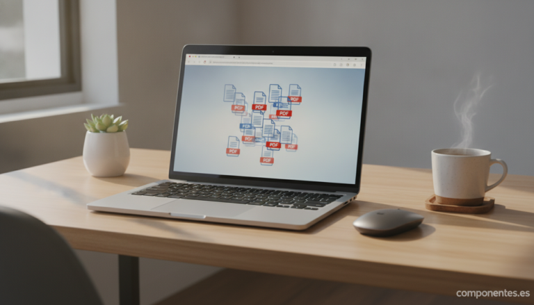 A clean desk with a laptop showing a web browser open, with several PDF document icons visually merging into one on the sc...