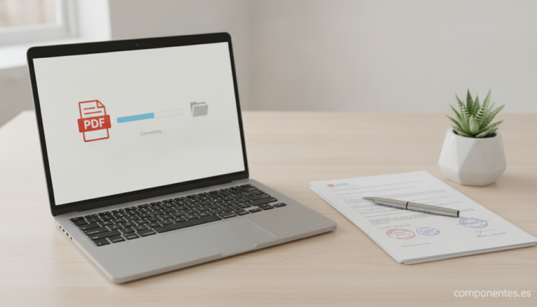 A clean, flat-lay photograph of a modern laptop on a light wooden desk, the browser screen showing a simple file conversio...