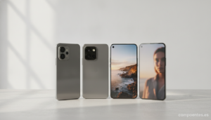 A collection of 3-4 modern mid-range smartphones displayed side by side, showing their camera modules and screens with bea...