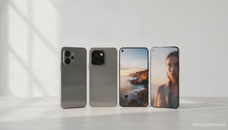 A collection of 3-4 modern mid-range smartphones displayed side by side, showing their camera modules and screens with bea...