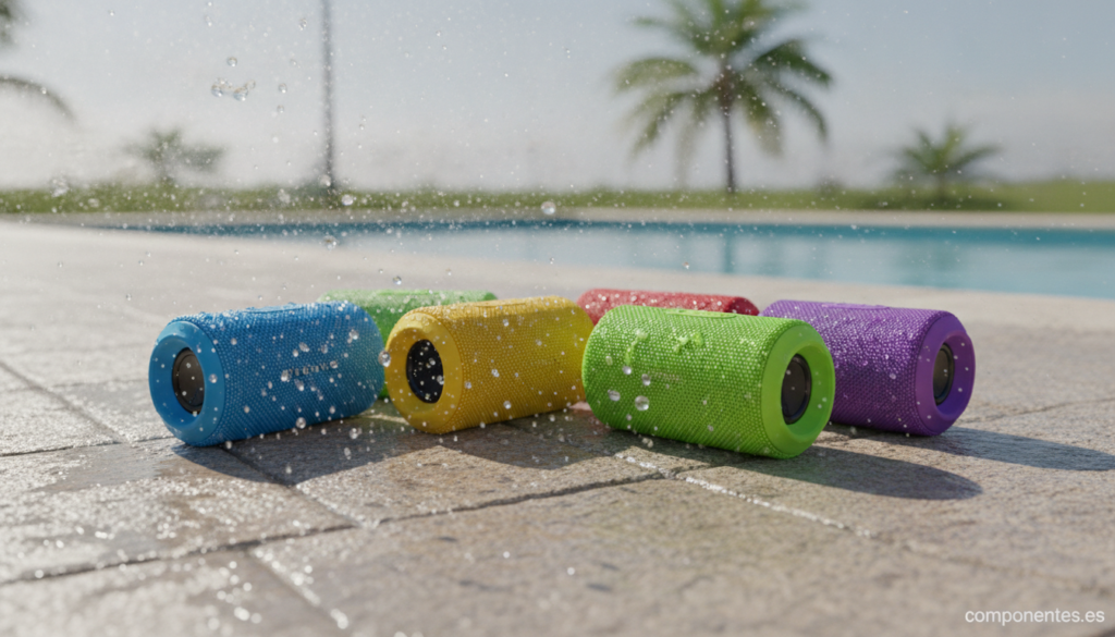 A collection of colorful portable Bluetooth speakers arranged on a poolside stone surface with water splashing around them...