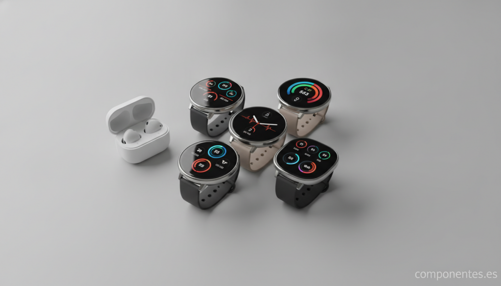 A flat lay of several modern smartwatches with AMOLED displays lit up showing fitness metrics, arranged on a clean light g...