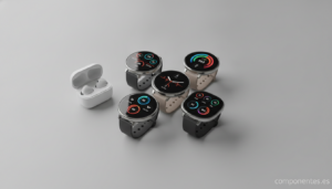A flat lay of several modern smartwatches with AMOLED displays lit up showing fitness metrics, arranged on a clean light g...