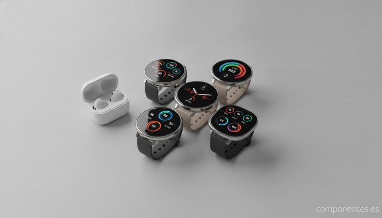A flat lay of several modern smartwatches with AMOLED displays lit up showing fitness metrics, arranged on a clean light g...