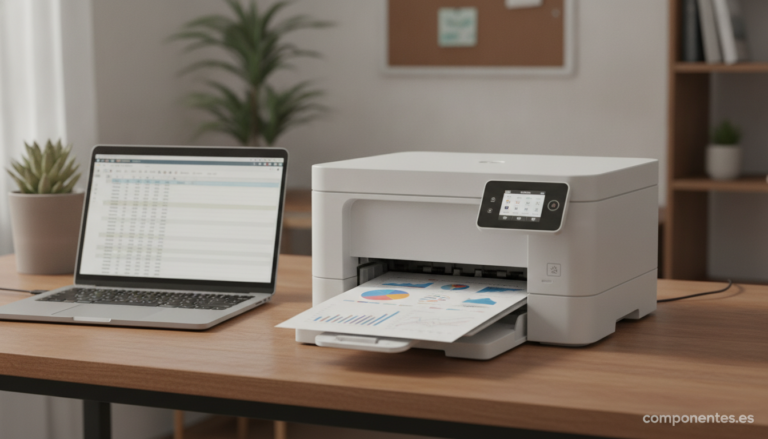 A modern compact multifunction inkjet printer sitting on a home desk beside a laptop and a small stack of printed document...