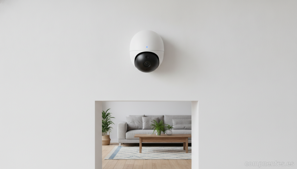 A modern compact WiFi security camera mounted on a white wall inside a bright contemporary home, monitoring the living roo...