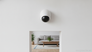A modern compact WiFi security camera mounted on a white wall inside a bright contemporary home, monitoring the living roo...