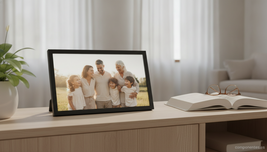 A modern digital photo frame displaying a warm family photo on a wooden sideboard, next to a small plant and a book in a b...