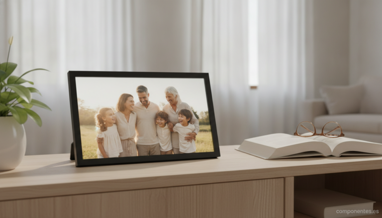 A modern digital photo frame displaying a warm family photo on a wooden sideboard, next to a small plant and a book in a b...