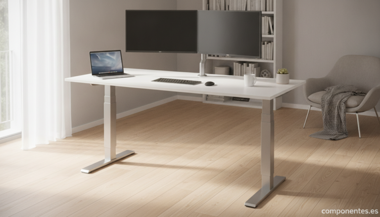 A modern electric height-adjustable standing desk in a bright home office, shown in its raised position with a dual-monito...