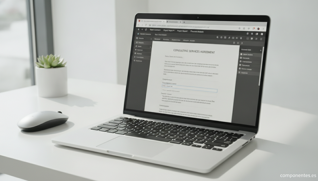 A modern laptop computer on a clean desk with a web browser open showing a PDF document being edited. The browser interfac...
