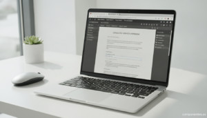 A modern laptop computer on a clean desk with a web browser open showing a PDF document being edited. The browser interfac...
