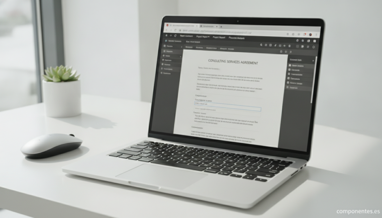 A modern laptop computer on a clean desk with a web browser open showing a PDF document being edited. The browser interfac...