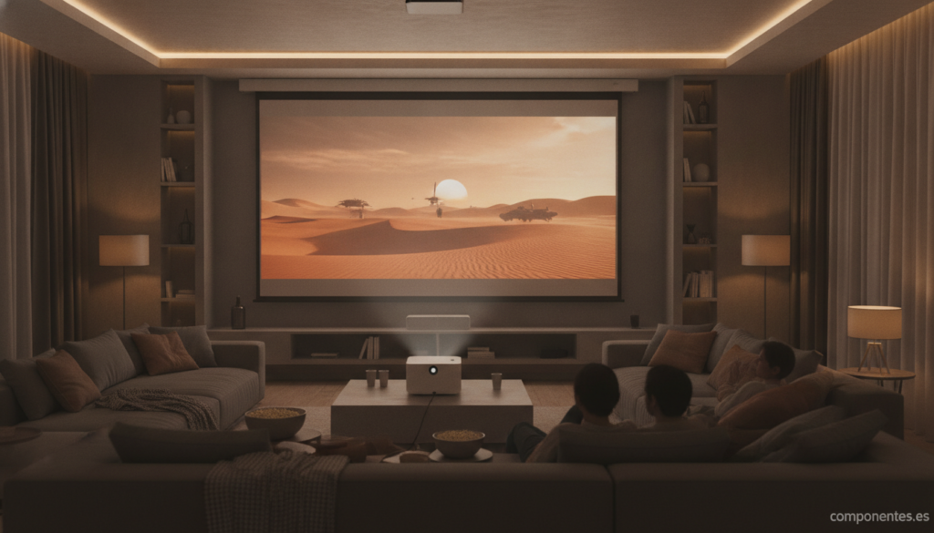 A modern living room home cinema setup with a large projector screen displaying a movie scene. A compact white projector s...