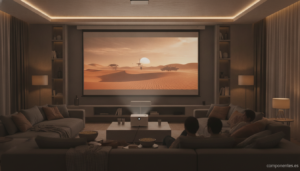 A modern living room home cinema setup with a large projector screen displaying a movie scene. A compact white projector s...