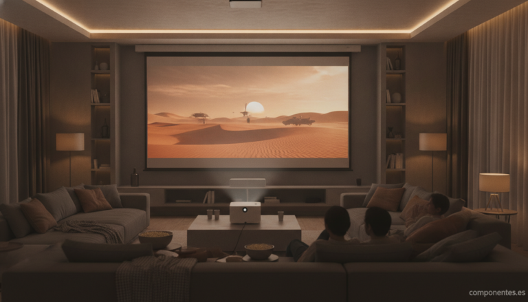 A modern living room home cinema setup with a large projector screen displaying a movie scene. A compact white projector s...