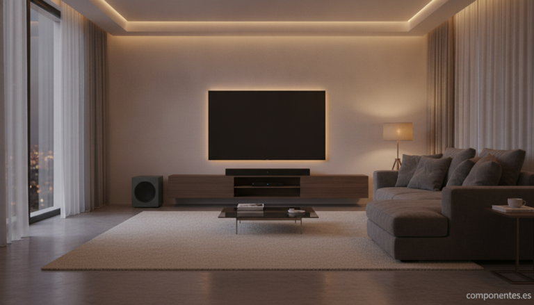 A modern living room setup showing a sleek soundbar placed below a large flat-screen TV on a TV stand, with a wireless sub...