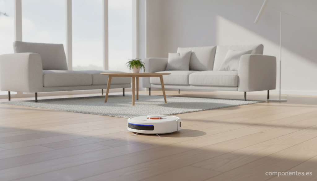A modern robot vacuum cleaner autonomously mopping a bright clean living room floor, minimalist Scandinavian interior desi...