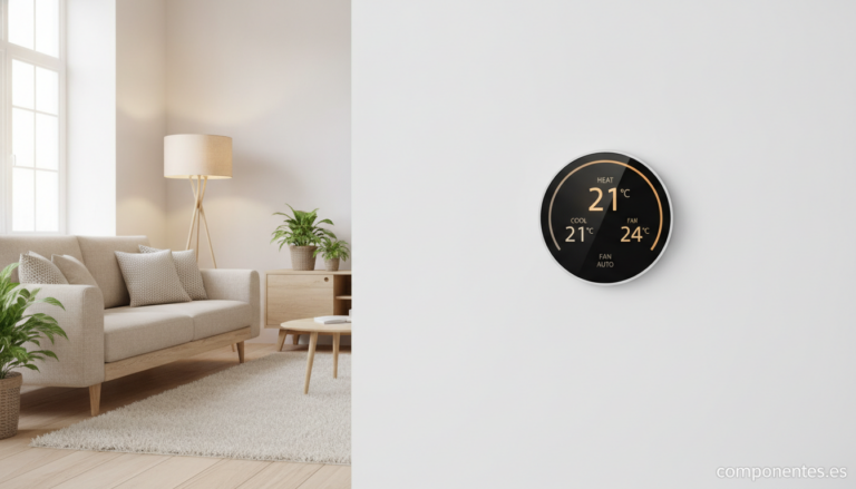 A modern smart thermostat mounted on a white wall in a cozy living room, digital display showing temperature controls, war...