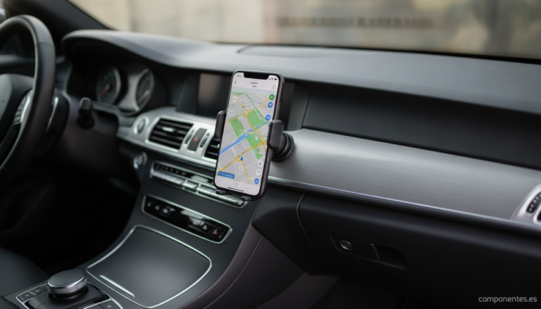 A modern smartphone mounted on a car air vent holder inside a clean car interior. The phone is displaying a navigation map...