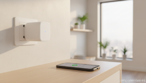 A modern white smart WiFi plug inserted into a wall outlet in a bright home interior, smartphone nearby showing a smart ho...