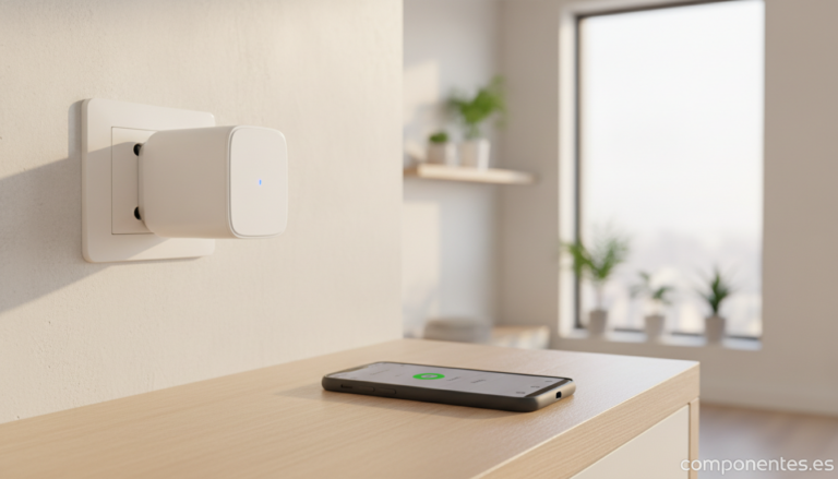 A modern white smart WiFi plug inserted into a wall outlet in a bright home interior, smartphone nearby showing a smart ho...