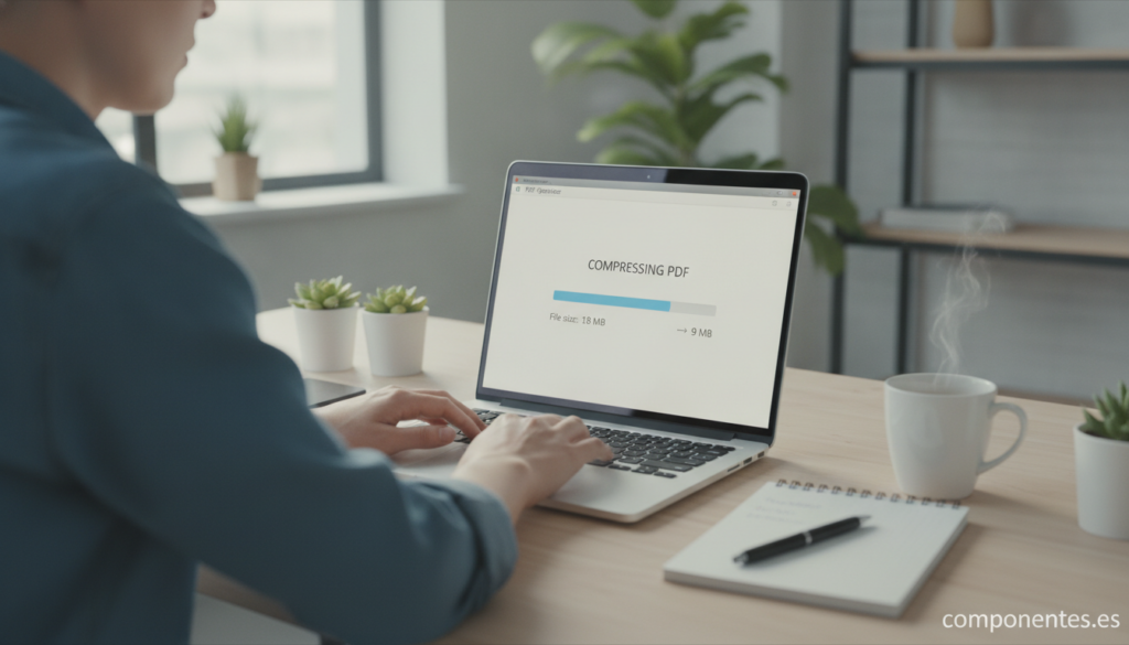 A person sitting at a clean desk with a laptop, the screen shows a PDF file being compressed with a progress bar and file ...