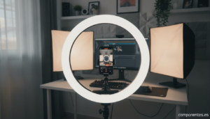 A content creator setup with a ring light illuminating a smartphone on a tripod, recording a video in a modern home studio...