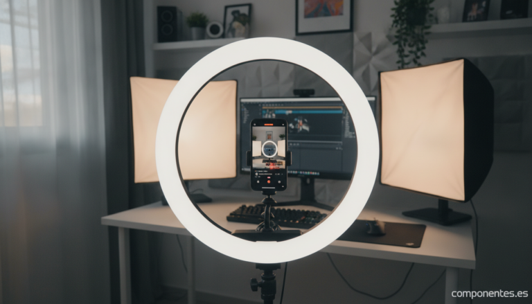 A content creator setup with a ring light illuminating a smartphone on a tripod, recording a video in a modern home studio...
