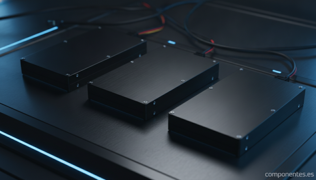 A photo of three 3.5-inch internal hard drives for NAS storage, arranged neatly on a dark technical desk surface with subt...