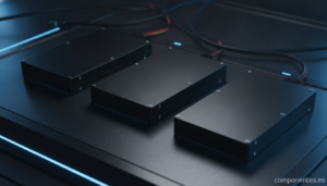 A photo of three 3.5-inch internal hard drives for NAS storage, arranged neatly on a dark technical desk surface with subt...
