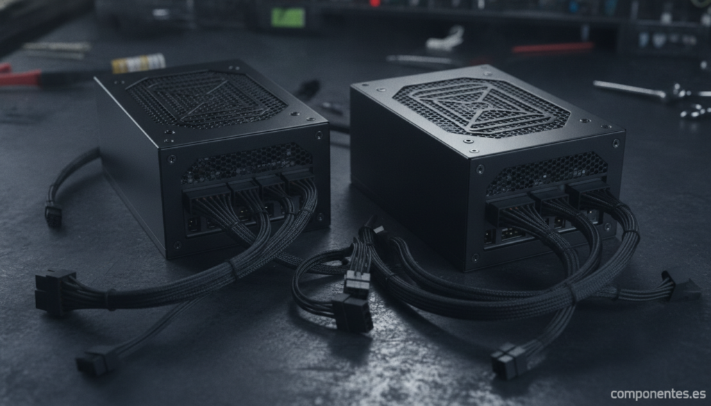 A product photograph of two modular PC power supply units (PSUs) side by side on a dark technical workbench, with modular ...