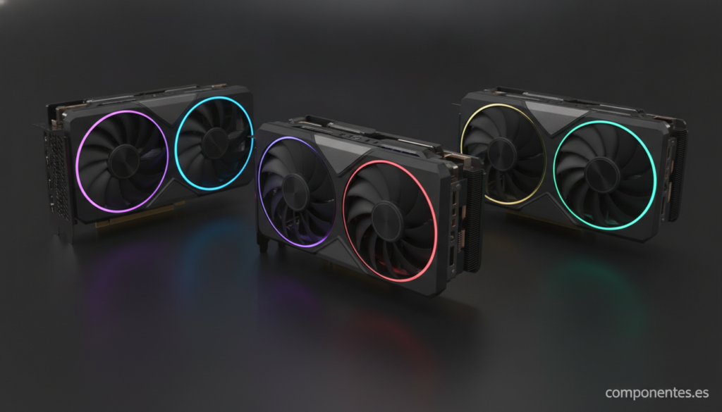 A studio photograph of three modern gaming graphics cards with RGB lighting arranged on a dark matte surface, showing thei...