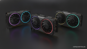 A studio photograph of three modern gaming graphics cards with RGB lighting arranged on a dark matte surface, showing thei...
