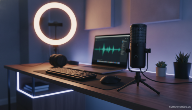 A USB condenser microphone on a desk with streaming setup including soft LED lighting, a laptop screen showing a waveform,...