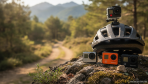 A rugged action camera mounted on a mountain bike helmet outdoors, surrounded by blurred mountain trail scenery with natur...