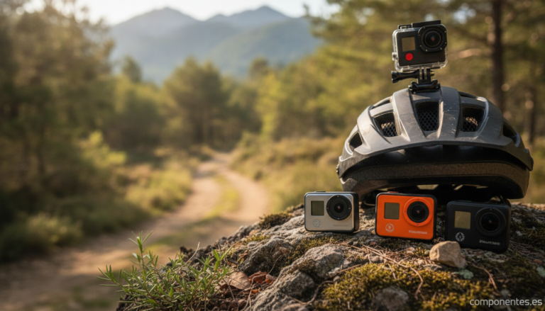 A rugged action camera mounted on a mountain bike helmet outdoors, surrounded by blurred mountain trail scenery with natur...