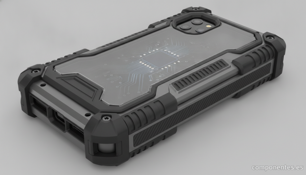 A rugged smartphone case showing extreme protection — thick bumpers, reinforced corners, military-grade construction. A mo...