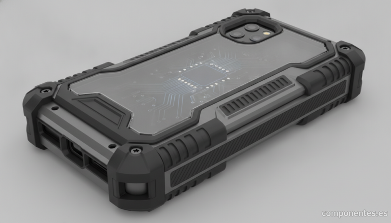 A rugged smartphone case showing extreme protection — thick bumpers, reinforced corners, military-grade construction. A mo...