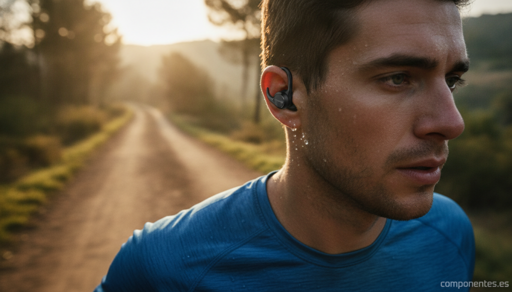 A runner wearing sport wireless earbuds jogging on a scenic outdoor trail path, early morning light, close-up focus on the...