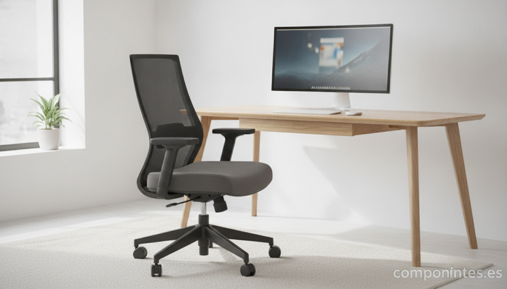A sleek ergonomic office chair with mesh backrest and adjustable armrests positioned at a modern wooden desk in a bright, ...
