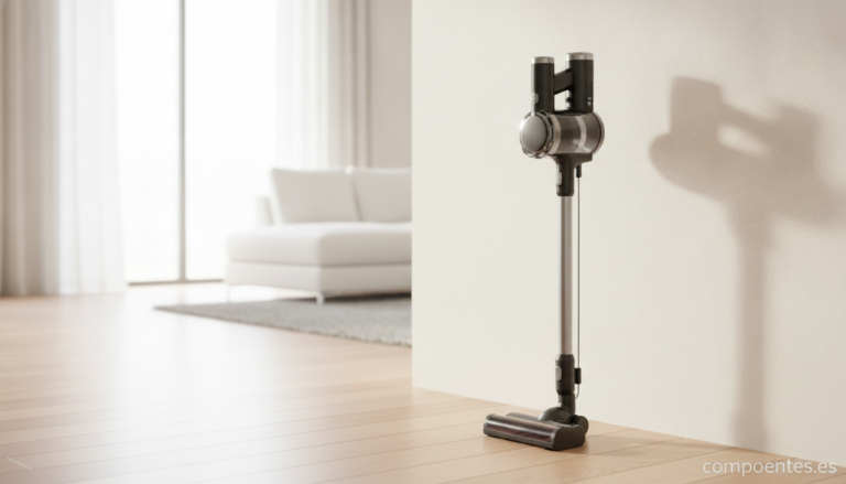 A sleek modern cordless stick vacuum cleaner standing upright against a light wall in a bright contemporary living room. C...