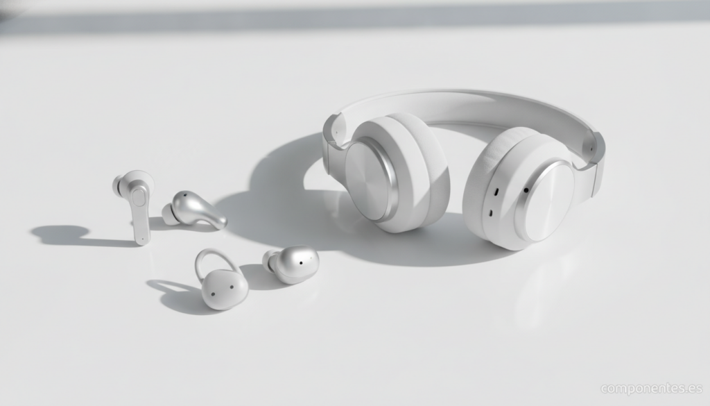 A stylish product shot of three modern wireless earbuds (TWS) and one over-ear headphone arranged on a clean white surface...