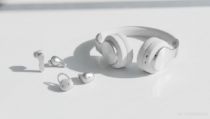 A stylish product shot of three modern wireless earbuds (TWS) and one over-ear headphone arranged on a clean white surface...