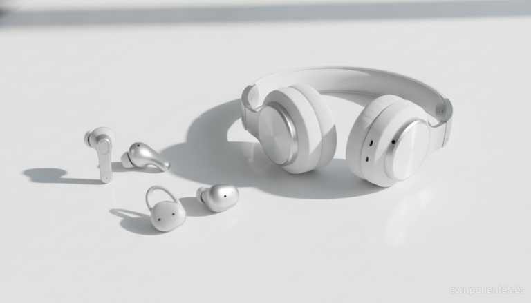 A stylish product shot of three modern wireless earbuds (TWS) and one over-ear headphone arranged on a clean white surface...