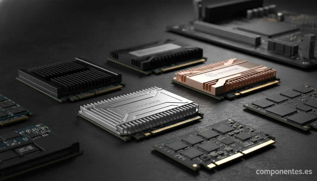 Close-up of multiple M.2 NVMe SSDs of different brands arranged on a dark technical surface with a motherboard PCIe slot v...