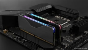 Close-up of two DDR5 RAM sticks with RGB lighting on a modern black motherboard. The memory modules have elegant aluminum ...