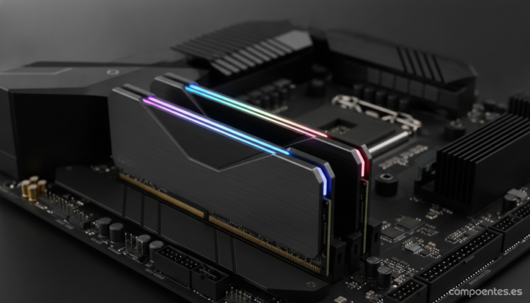 Close-up of two DDR5 RAM sticks with RGB lighting on a modern black motherboard. The memory modules have elegant aluminum ...