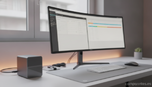 Compact mini PC on a clean home office desk next to a large monitor, wireless keyboard and mouse. The mini PC is small eno...